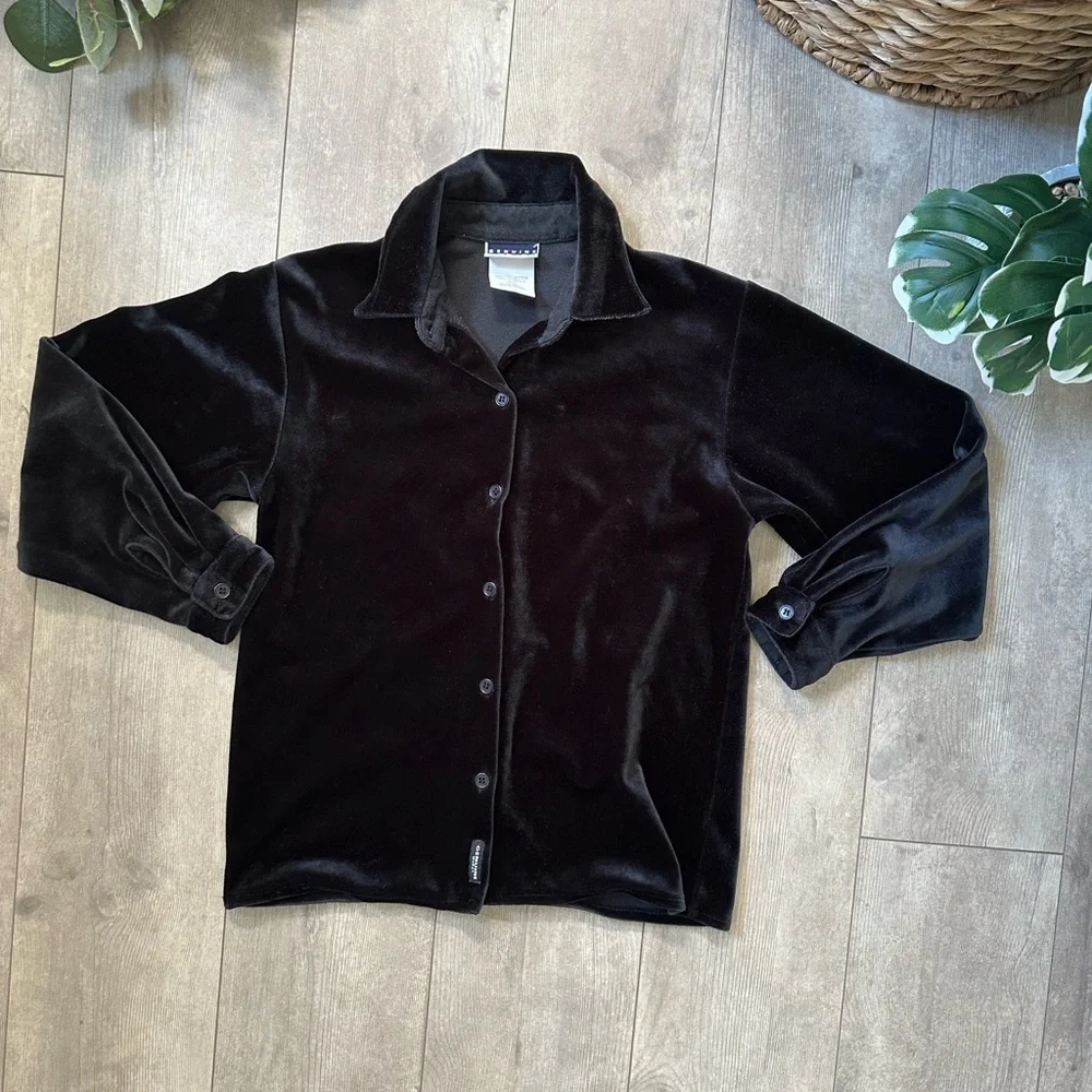 Vintage 90s Oshkosh B’Gosh Genuine Girls Luxurious Black Velvet Button Up Shirt